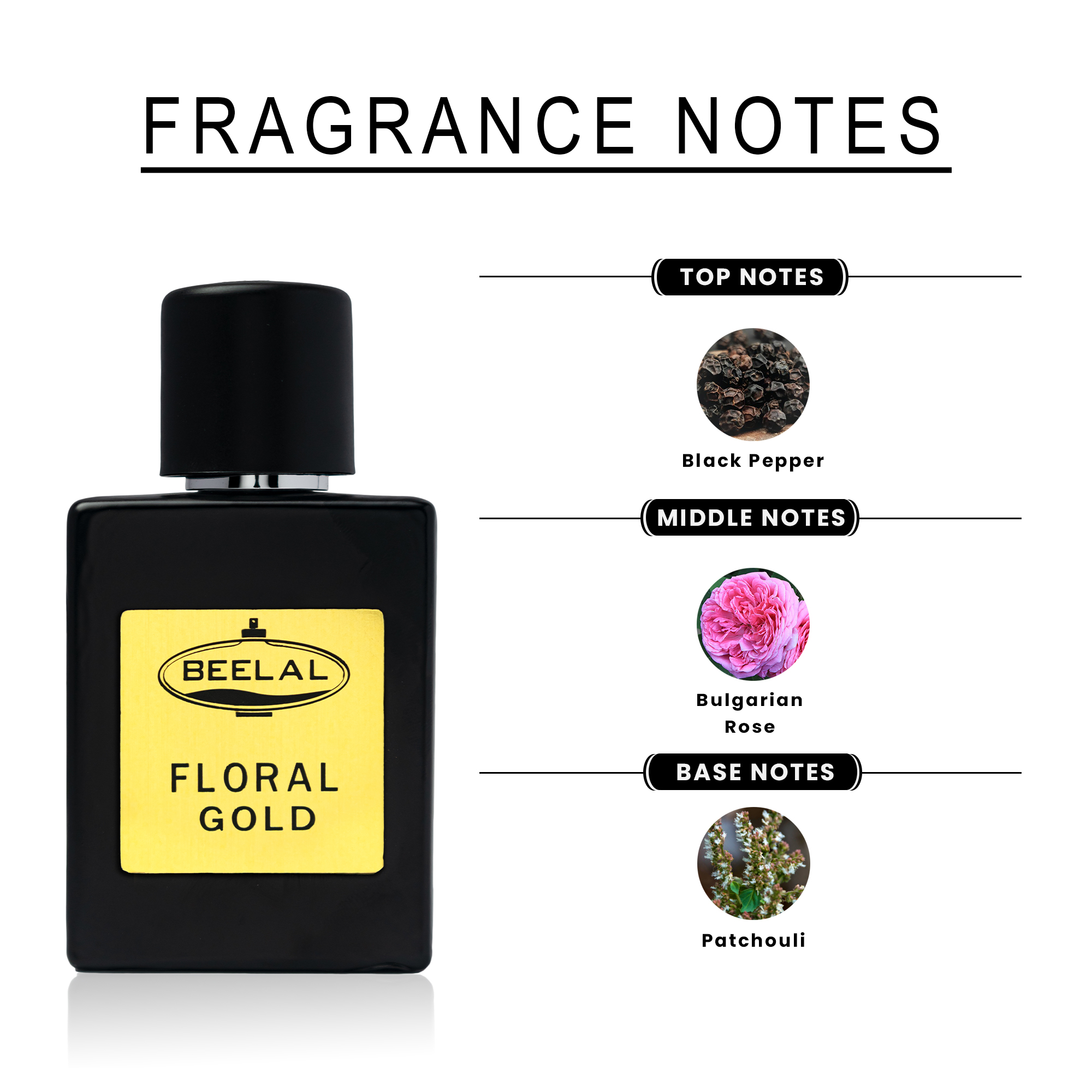 BEELAL PERFUMES FLORAL GOLD Unisex Perfume | Spray for Men & Women | Black papper, Bulgarian Rose & Patchouli Notes | Strong & Long Lasting Fragrance | Luxury Gift for Him/Her| Alcohol Free | 50ML