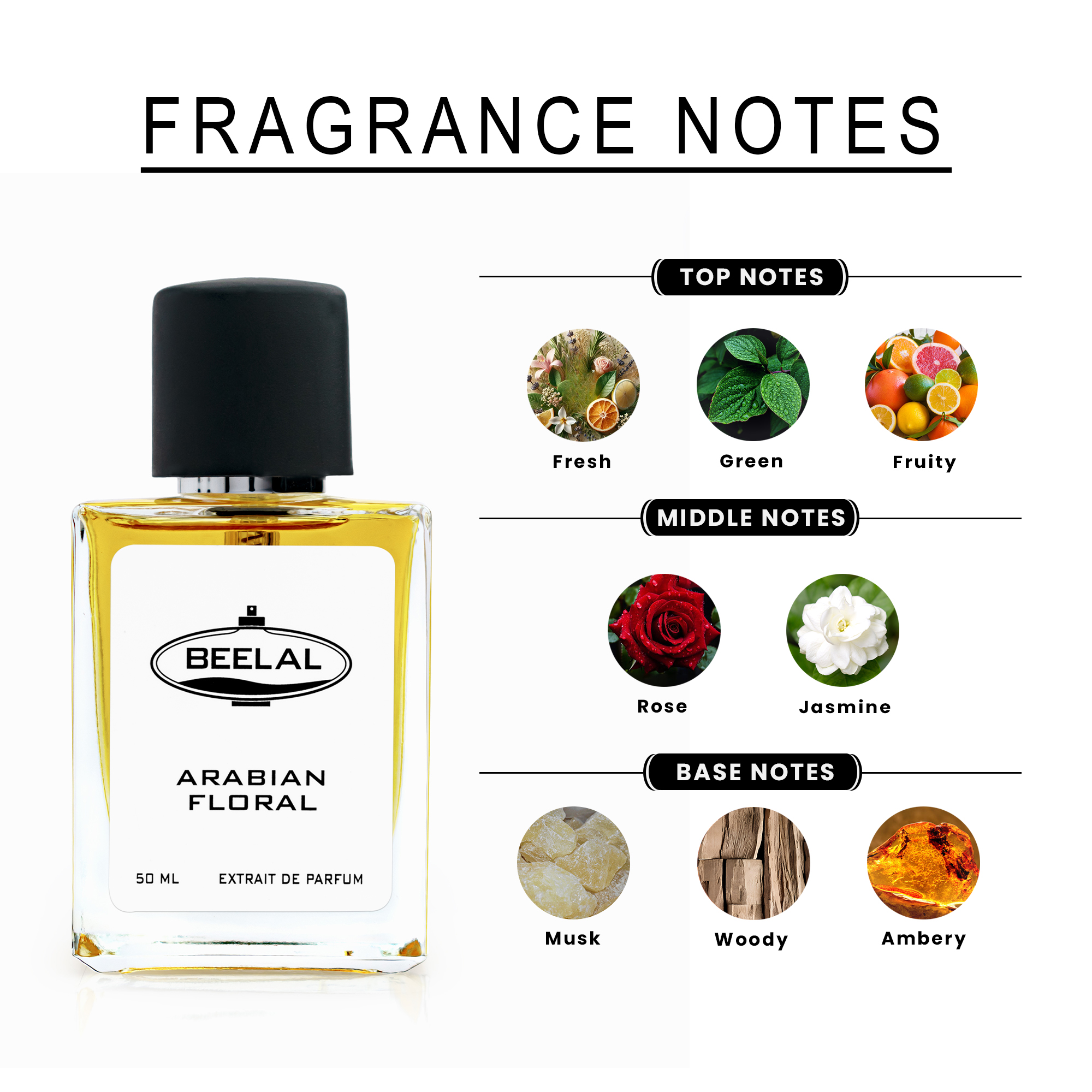 BEELAL PERFUMES Arabian Floral Unisex Extrait De Parfum | Fresh , Fruity & Rose , Jasmine Notes | Spray for Men & Women | Strong & Long Lasting Fragrance | Luxury Gift for Men/Women | 50 ML Alcohol Free